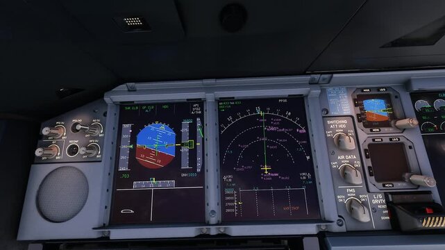 Detailed View of an Airplane Cockpit Instrument Panel with Displays.