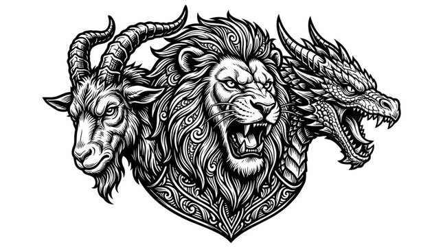 Chimera Illustration with Goat Lion and Dragon Heads