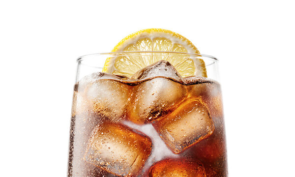 Cola ice lemon refreshing glass of dark soda with citrus slice isolated on a transparent background