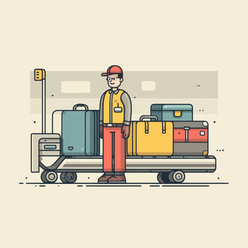 Airport Luggage Handler With Cart and Suitcases