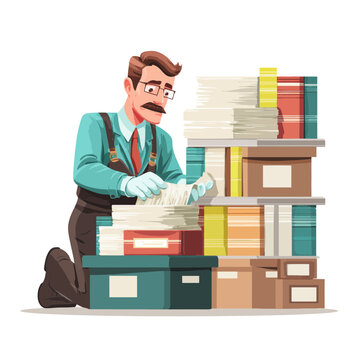 Archivist Sorting Through Stacks of Documents and Boxes