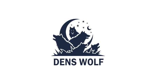 Wolf Pack Logo Silhouette Under Moon and Stars, Night Wildlife Emblem