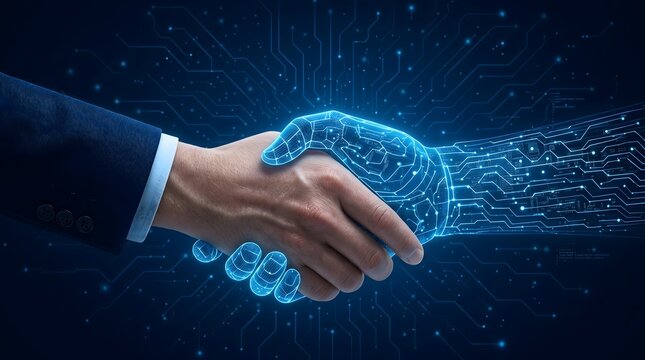 Human hand shaking digital robotic hand made of glowing particles and circuits on dark blue background