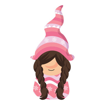 Charming cartoon gnome character with braided hair and a long, striped pink hat adorned with snowflakes, ideal for winter and holiday designs