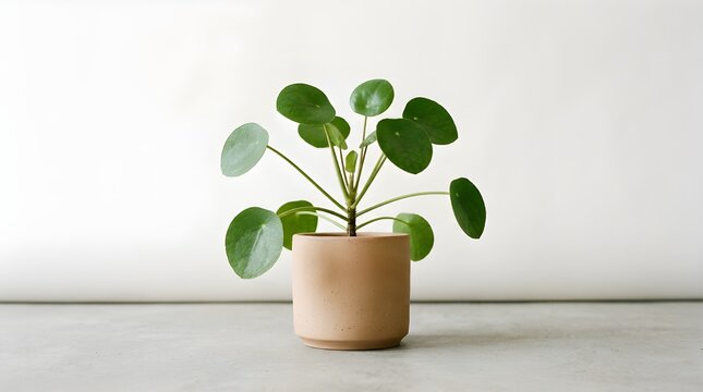 Pilea Peperomioides Chinese Money Plant in Modern Terracotta Ceramic Pot on Clean Gray Surface with Bright White Background