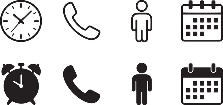 Business communication icon set black solid and outline silhouettes contact page signs calendar clock phone person vector illustration isolated on white