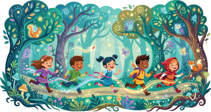 Group of diverse fairytale kids running on a mystical path in enchanted woods vector illustration for children book design
