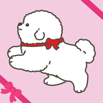 Simple and adorable white Bichon Frise with a red ribbon jumping outlined
