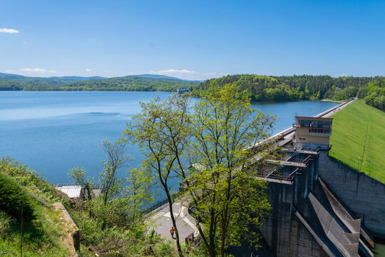 View of the artificial Lake Dobczyce (Jezioro Dobczyckie, Zbiornik Dobczycki) and of the Raba river dam (Dobczyce Dam), Dobczyce, Malopolska, Poland