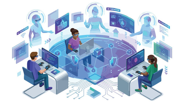People collaborating in a futuristic virtual reality meeting.