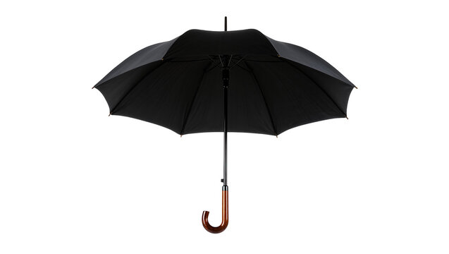 Black umbrella with curved wooden handle, isolated on transparent background