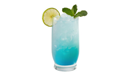 Tall glass of blue cocktail with ice lime slice and mint leaves, isolated on transparent background © Maria