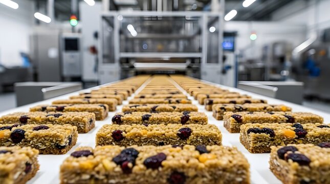 Closeup on numerous healthy granola bars on automated production line in modern food manufacturing facility, energy food items, cereal snacks, fruit and nut bars