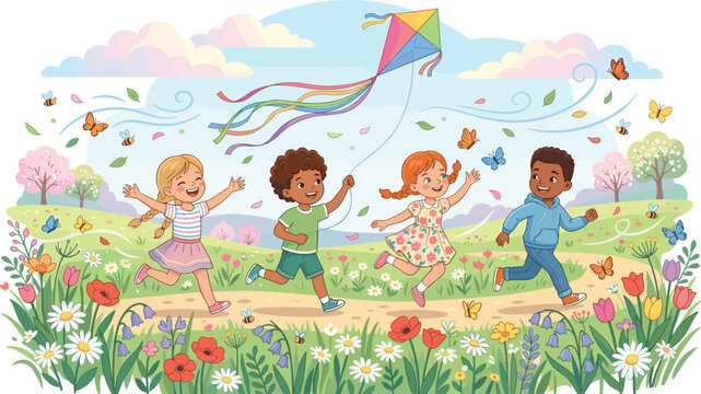 Diverse group of happy children running on park pathway flying a colorful kite in spring flower meadow vector illustration