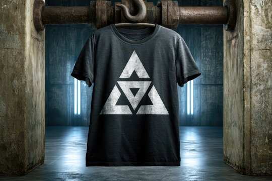 Dark grey t-shirt with a white geometric triple triangle symbol displayed prominently.