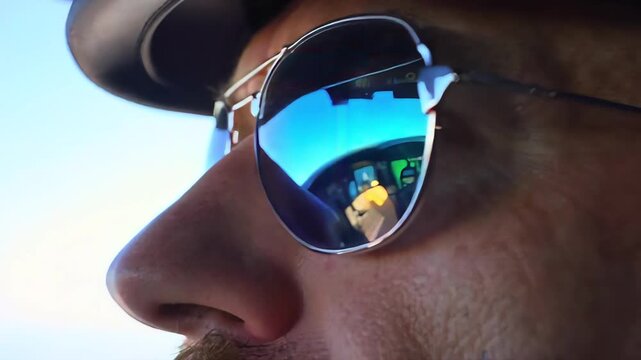 Airplane cockpit instruments reflected in pilot sunglasses during flight, extreme close-up aviation footage showing dashboard controls, aircraft navigation and professional pilot perspective.