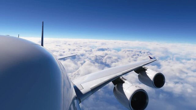 Airplane Wing and Engines Soaring Above a Sea of Clouds on a Clear Day.