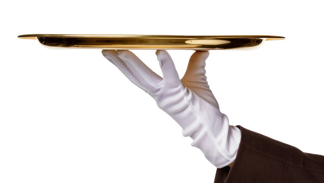 White gloved hand holding a polished brass tray, isolated on transparent background