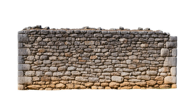 Rough hewn stone wall with weathered texture, isolated on transparent background