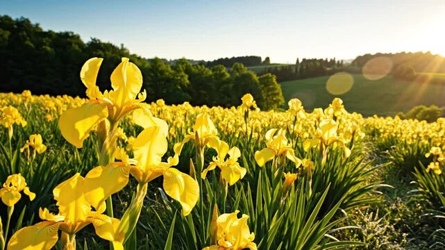 Scenic field of vibrant yellow iris flowers bathed in the golden light of the setting sun, idyllic countryside landscape.
