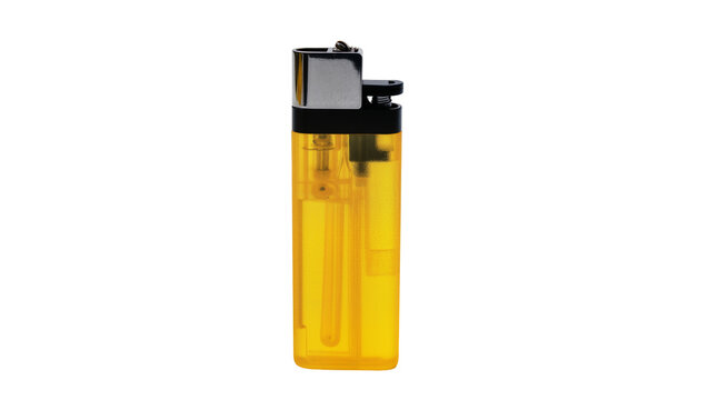 Yellow plastic lighter with metal cap and black accents, isolated on transparent background