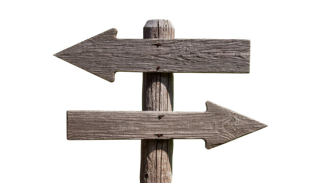 Rustic wooden directional signpost with two arrows pointing in opposite directions, isolated on transparent background