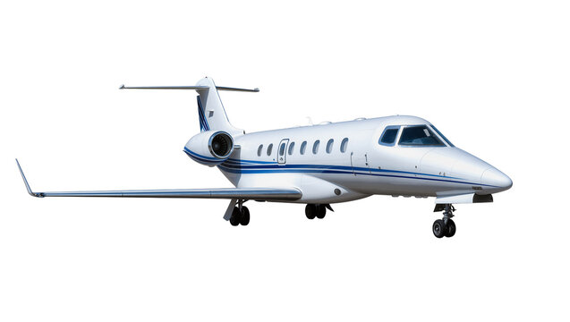 Sleek white private jet with blue stripes, isolated on transparent background