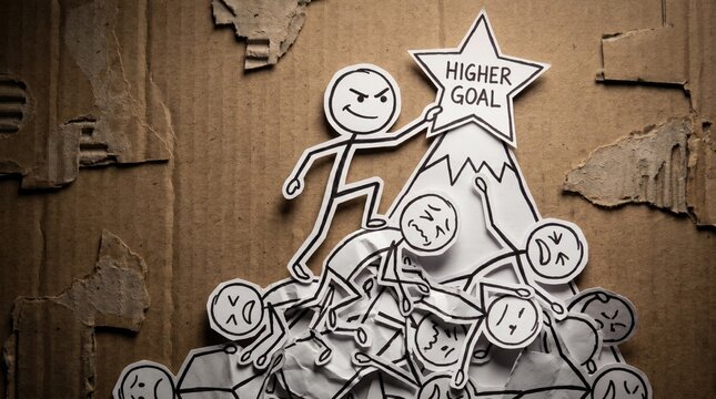 A ruthless paper stick figure climbs over a pile of suffering workers to reach a star labeled "HIGHER GOAL." It conveys cutthroat ambition, corporate exploitation, and toxic success.