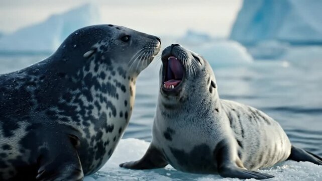 Cute seals resting and yawning on ice floe in a cold Arctic environment surrounded by icebergs and water