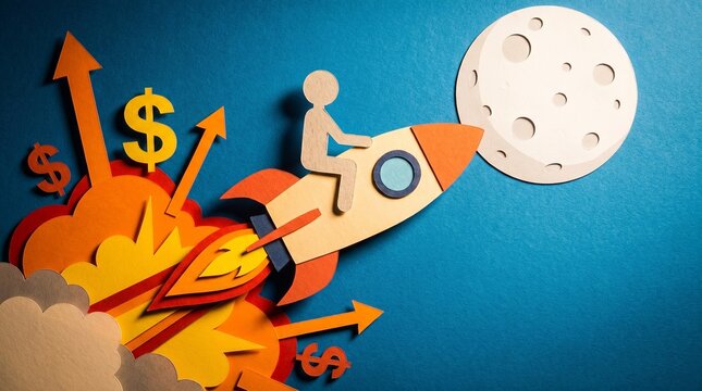 A paper cutout figure rides a rocket blasting toward a large moon, surrounded by dollar signs and rising arrows. It conveys financial growth, business success, and sky-high profits.