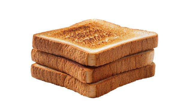 Stack of three golden brown toasted bread slices, isolated on transparent background