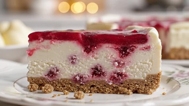 Delicious raspberry cheesecake slice with creamy texture and fresh fruit on a decorative plate