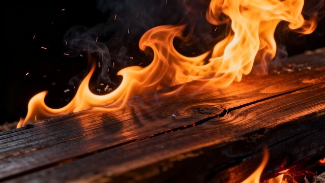 Wood burning with flames and smoke