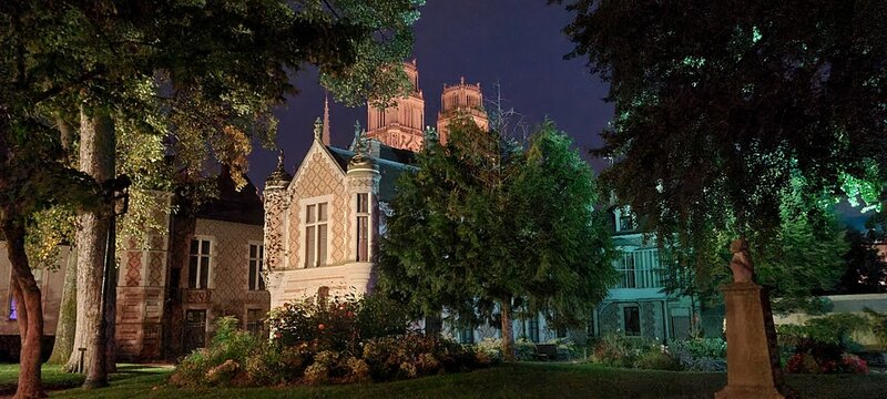 La cath&eacute;drale Sainte-Croix vue de nuit depuis le jardin de l'H&ocirc;tel Groslot (Orl&eacute;ans, Val de Loire)