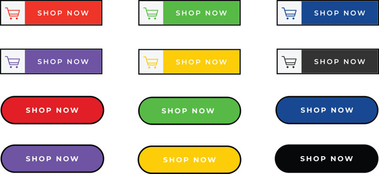 Shop now button collection vector illustration featuring colorful call to action UI elements modern e commerce buttons in different styles for website mobile app marketing interface design