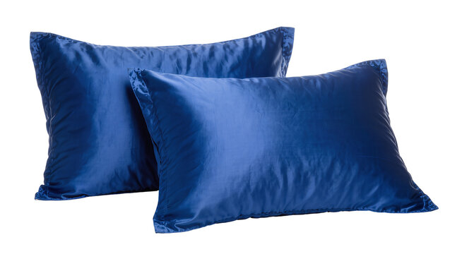 Two plush blue satin pillows with decorative stitching, isolated on transparent background