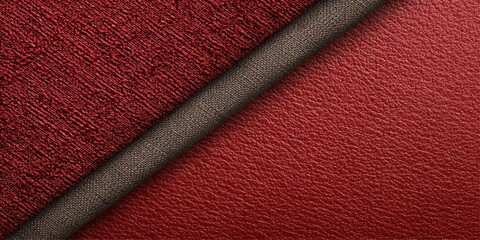 A striking diagonal composition features a textured red fabric contrasted with smooth red leather, separated by a dark brown strip, creating a modern and sophisticated background. © Art Lover 
