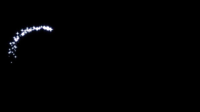 Magical twinkling star trail animation with glowing white glitter particles flowing in a wavy motion on a black background for wedding transitions and festive overlay.