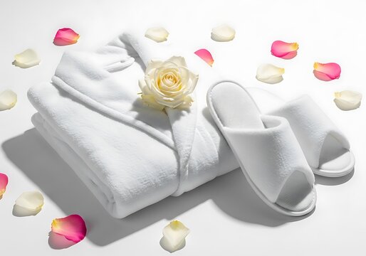 Soft white spa towels and comfortable slippers with fresh pink rose petals for a relaxing treatment. bathrobe folded