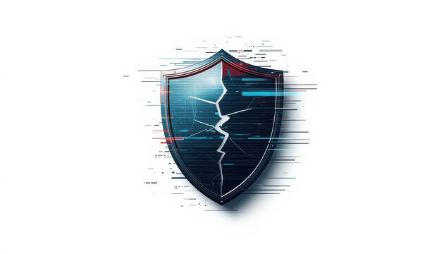 Broken digital shield with glitch effect representing cybersecurity vulnerability isolated on white background