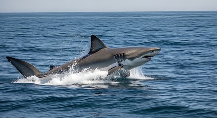 Fototapeta premium Great white shark breaching ocean surface in open water during daylight