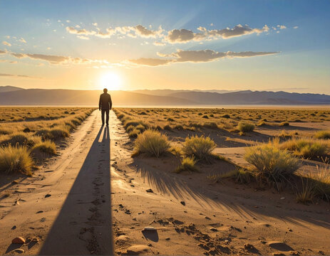 Silhouette of a man walking on a desert path at sunset.