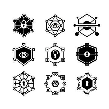 Abstract Cybersecurity Icons: Padlock, Eye, Network Security, Data Protection, Encryption