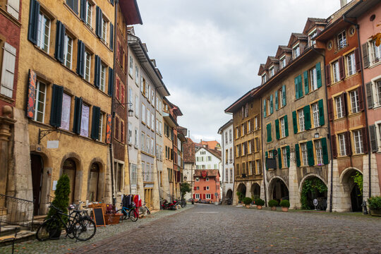 Historic Obergasse street (Rue Haute) in the medieval old town of Biel/Bienne, Switzerland