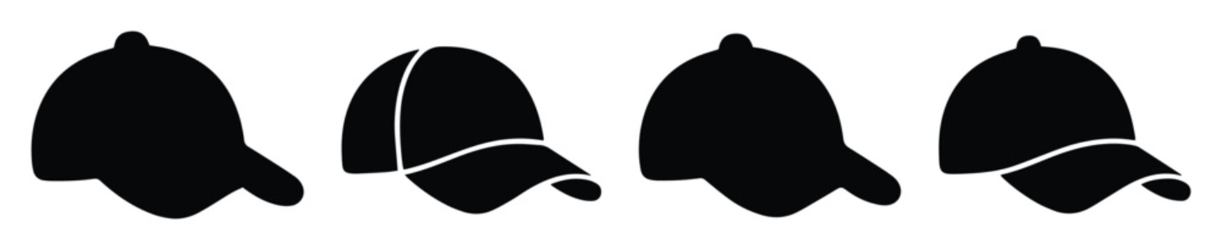 Baseball cap silhouette icons, black headwear vector set of 4 elements, minimalist sports hat symbols for apparel branding and logo design