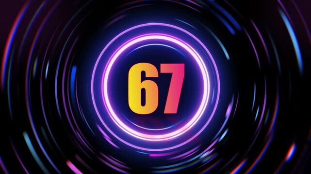 Dynamic countdown timer footage with glowing neon number 67 inside a swirling vortex of futuristic purple and blue light perfect for gaming or tech