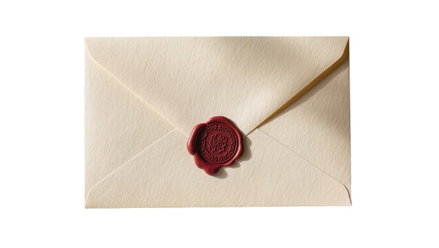 Cream colored envelope sealed with a red wax stamp, isolated on transparent background