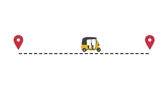 Yellow auto rickshaw driving between red location map pins