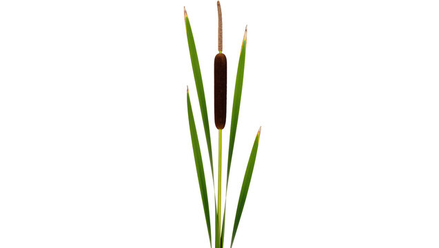 Tall brown cattail with green leaves, isolated on transparent background