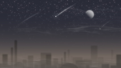 Dreamy sci-fi background featuring cinematic fog, shooting stars, soft haze, and distant urban silhouettes. © Khim